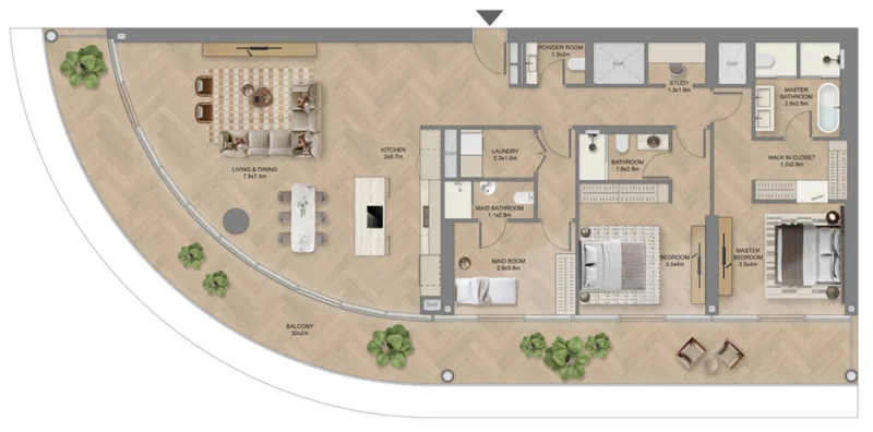 Floor Plan 2 Bedrooms + Maid + Study